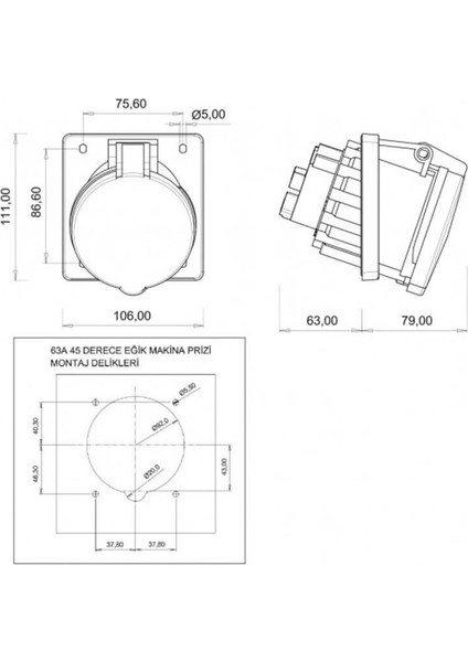 Priz Cee 63A Ip44 Mak.45° 3P+N+E Vid