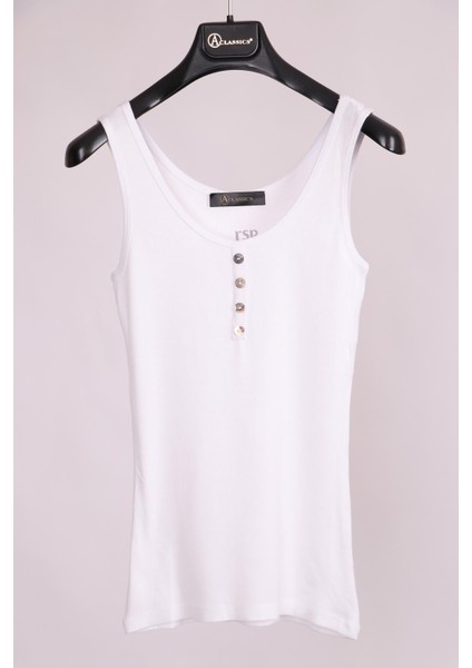 Beyaz Kalın Askılı Düğme Detaylı Pamuk Slim Fit Atlet T-Shirt