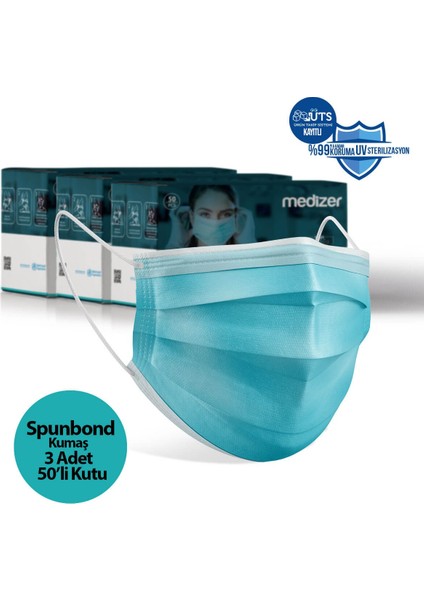 Medizer Full Ultrasonik Cerrahi Ağız Maskesi 3 Katlı Spunbond Kumaş 150 Adet - Burun Telli - Mavi