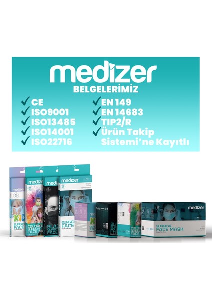 Medizer Full Ultrasonik Cerrahi Ağız Maskesi 3 Katlı Spunbond Kumaş 150 Adet - Burun Telli - Mavi modelleri