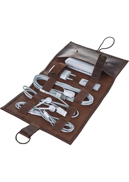 Deri Kablo Düzenleyici Organizer Kılıf G2 Antik Kahve