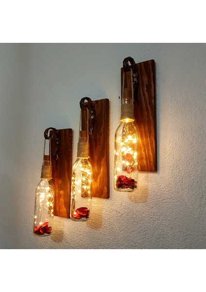 LED Işıklı Ceviz Renkli Duvar Aplik 3'li Set