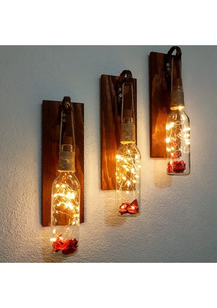 LED Işıklı Ceviz Renkli Duvar Aplik 3'li Set