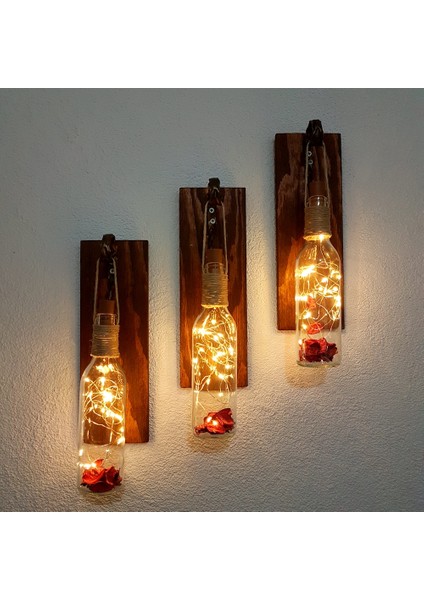 LED Işıklı Ceviz Renkli Duvar Aplik 3'li Set