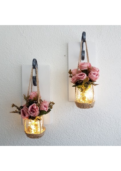 Pembe Gül Çiçekli LED Işıklı Beyaz Aplik 2'li Set