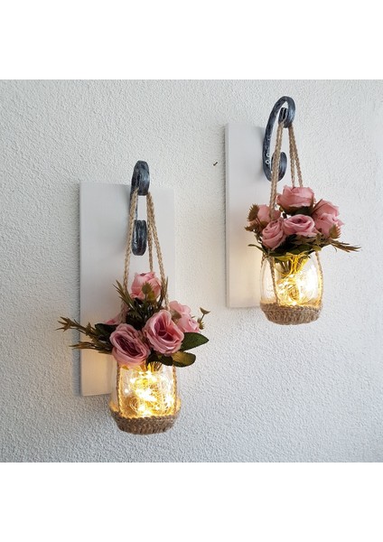 Pembe Gül Çiçekli LED Işıklı Beyaz Aplik 2'li Set