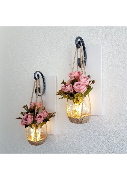 Pembe Gül Çiçekli LED Işıklı Beyaz Aplik 2'li Set