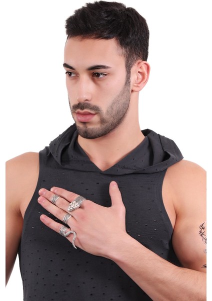 Erkek Antik Gümüş Kaplama Ayarlanabilir 4 Parçalı Set Yılan Yüzük