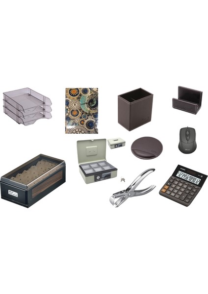 10 Parça Kahve Suni Deri Ofis Seti