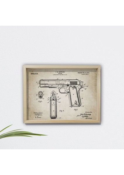 Doğal Çam Çerçeveli Duvar Tablosu Browning Tabanca Patenti - 1911