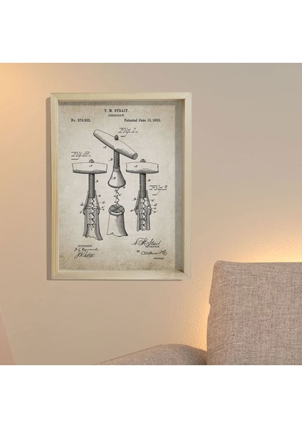 Doğal Çam Çerçeveli Şarap Odası Duvar Tablosu Tirbuşon Patent Baskı 1883