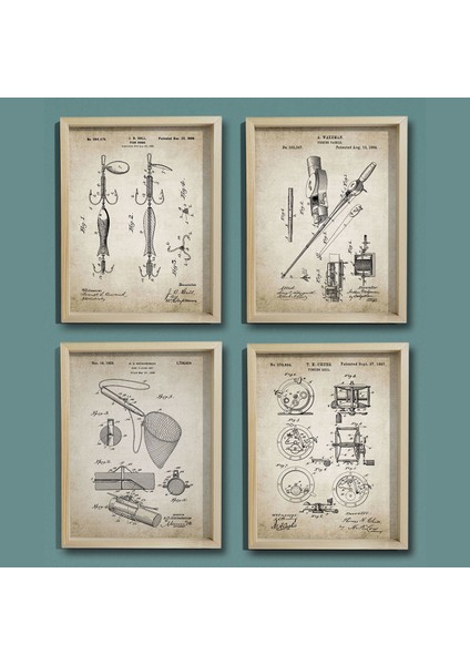 Doğal Çam Çerçeveli Duvar Tablosu Antik Balıkçı Patentleri 1884 Yılı