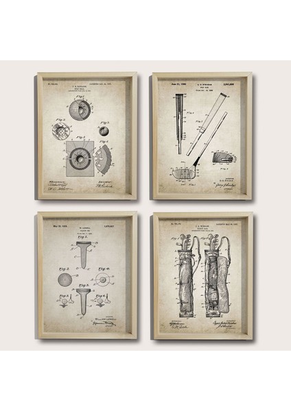 Doğal Çam Çerçeveli Duvar Tablosu Antik Golf Patent Seti 1905 Yılı