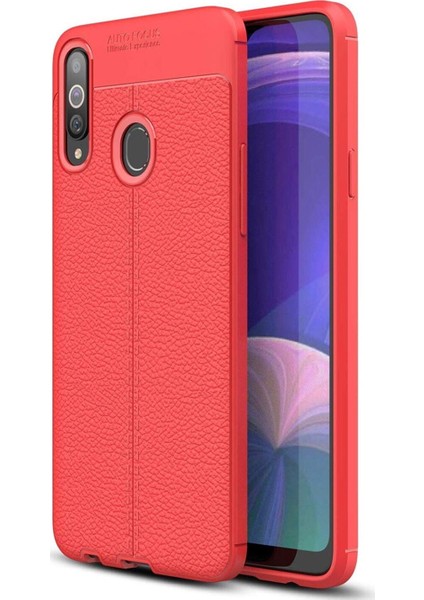 Samsung Galaxy A20S Kılıf Darbe Korumalı Deri Görünümlü Silikon Arka Kapak - Kırmızı