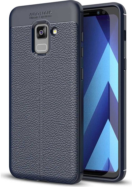 Samsung Galaxy A8 Plus 2018 Kılıf Darbe Korumalı Deri Görünümlü Silikon Arka Kapak - Lacivert