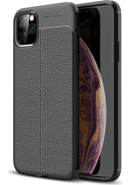 Apple iPhone 11 Pro Max Kılıf Darbe Korumalı Deri Görünümlü Silikon Arka Kapak - Siyah