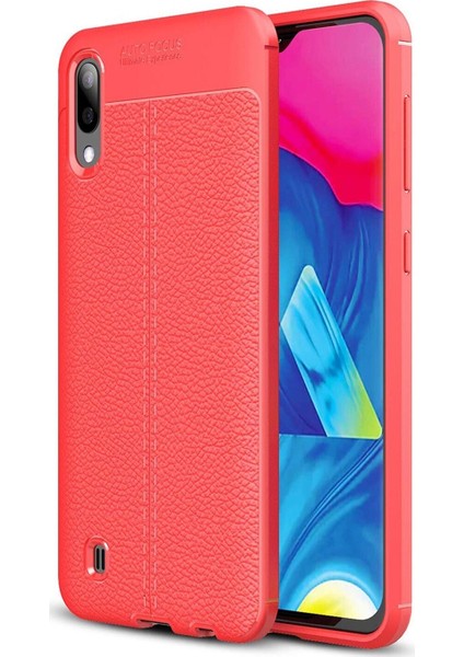 Samsung Galaxy M10 Kılıf Darbe Korumalı Deri Görünümlü Silikon Arka Kapak - Kırmızı