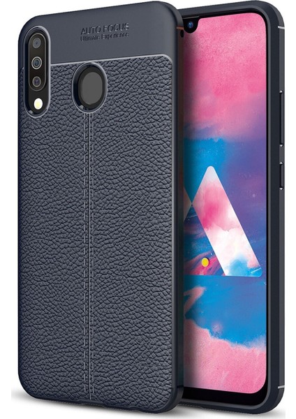 Samsung Galaxy M30 Kılıf Darbe Korumalı Deri Görünümlü Silikon Arka Kapak - Lacivert