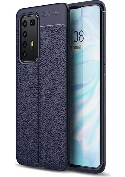 Huawei P40 Pro Kılıf Darbe Korumalı Deri Görünümlü Silikon Arka Kapak - Lacivert