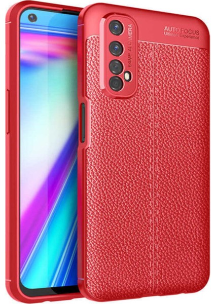 Realme 7 Kılıf Darbe Korumalı Deri Görünümlü Silikon Arka Kapak - Kırmızı