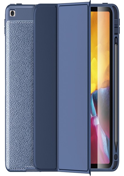 Apple iPad 10.2 Deri Görünümlü Stantlı Silikon Tablet Kılıfı - Lacivert