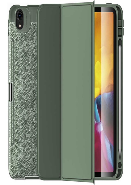 Apple iPad Air 10.9 2020 Deri Görünümlü Stantlı Silikon Tablet Kılıfı - Yeşil