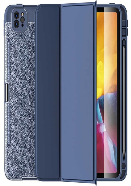 Apple iPad Pro 12.9 2020 Deri Görünümlü Stantlı Silikon Tablet Kılıfı - Lacivert