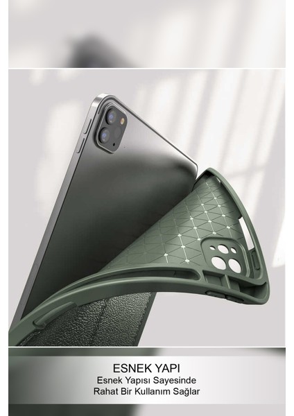 Apple iPad Pro 12.9 2020 Deri Görünümlü Stantlı Silikon Tablet Kılıfı - Lacivert
