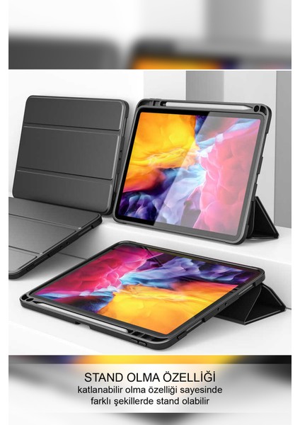 Apple iPad Pro 12.9 2020 Deri Görünümlü Stantlı Silikon Tablet Kılıfı - Lacivert