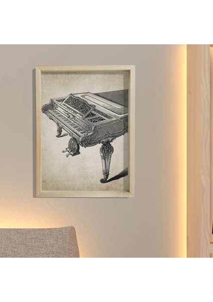 Doğal Çam Müzik Odası Çerçeveli Duvar Tablosu Antik Kuyruklu Piyano