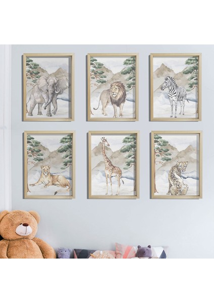 Doğal Çam Çerçeveli Bebek ve Çocuk Odası Duvar Tablosu Vahşi Orman Hayvanları