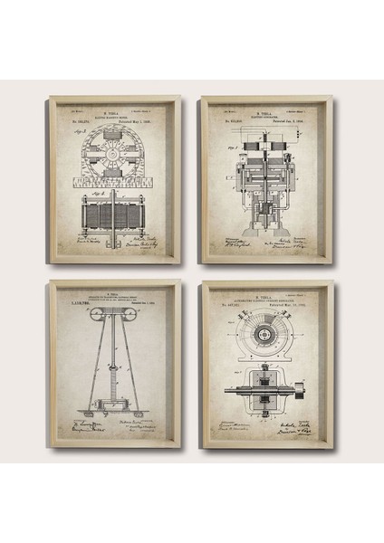 Doğal Çam Çerçeveli Duvar Tablosu Tesla Elektromanyetik Patent Seti 1888 Yılı