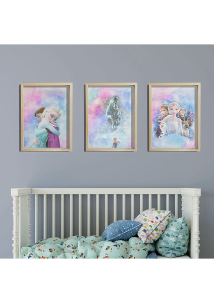 Doğal Çam Çerçeveli Bebek ve Çocuk Odası Duvar Tablosu Frozen Set - 1