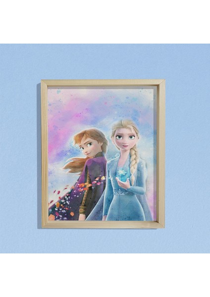 Doğal Çam Çerçeveli Bebek ve Çocuk Odası Duvar Tablosu Elsa ve Anna