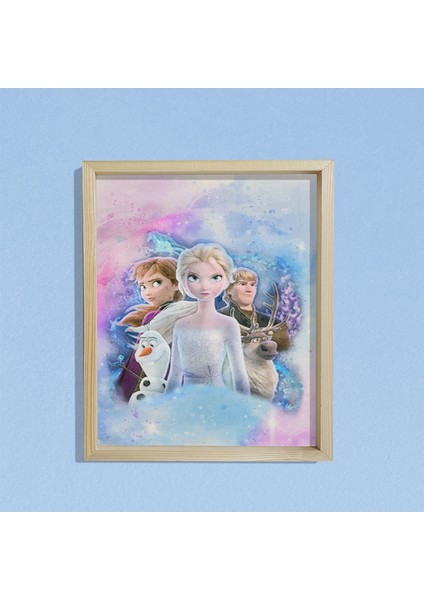 Doğal Çam Çerçeveli Bebek ve Çocuk Odası Duvar Tablosu Frozen Elsa ve Arkadaşları