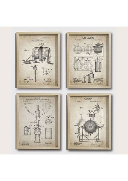 Doğal Çam Çerçeveli Duvar Tablosu Bira Mahseni Patent Seti 1884 Yılı