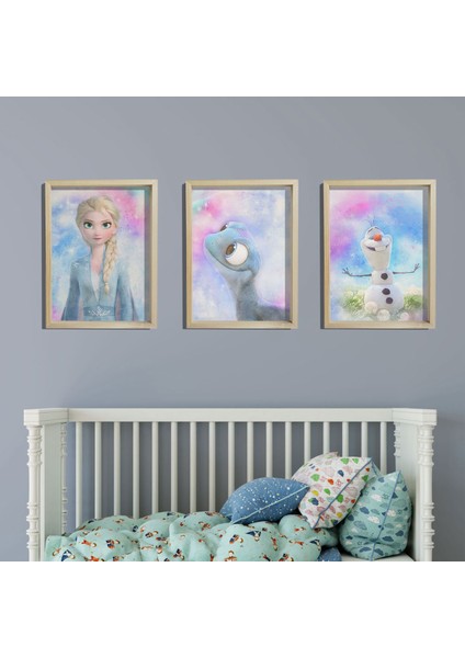 Doğal Çam Çerçeveli Bebek ve Çocuk Odası Duvar Tablosu Frozen Set