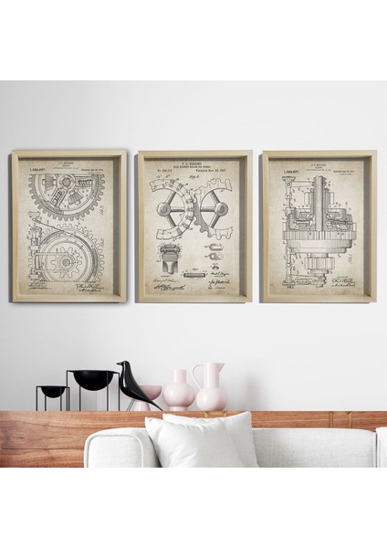 Doğal Çam Çerçeveli Duvar Tablosu Clockwork Steampunk Patent Baskıları 1897