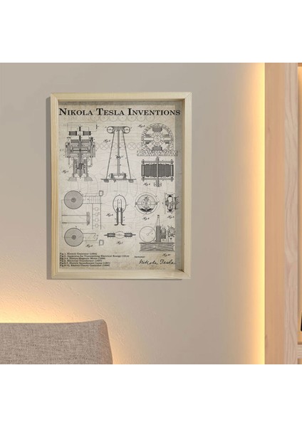 Doğal Çam Çerçeveli Mühendis Odası Duvar Tablosu Nicola Tesla Inverter Patentleri 1888 - 1894