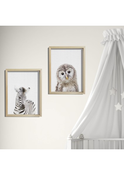 Doğal Çam Çerçeveli Bebek ve Çocuk Odası Duvar Tablosu Zebra ve Baykuş
