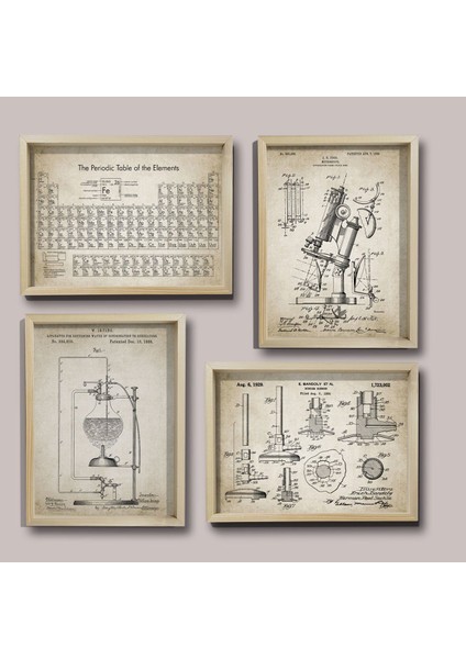 Doğal Çam Çerçeveli Duvar Tablosu Antik Bilim 4 Lü Set