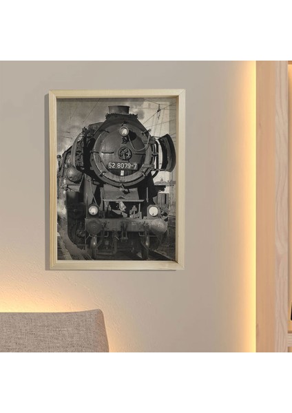 Doğal Çam Çerçeveli Duvar Tablosu Antik Buharlı Tren