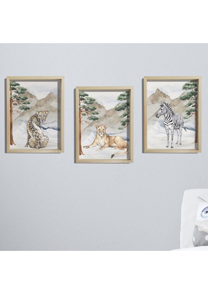 Doğal Çam Çerçeveli Bebek ve Çocuk Odası Duvar Tablosu Havşi Hayvanlar