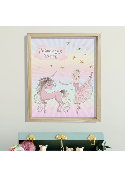 Doğal Çam Çerçeveli Bebek ve Çocuk Odası Duvar Tablosu Gökkuşağı Balerin ve Unicorn