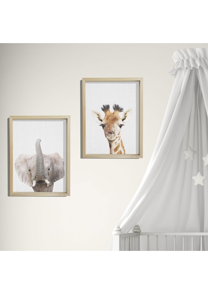 Doğal Çam Çerçeveli Bebek ve Çocuk Odası Duvar Tablosu Fil ve Zebra