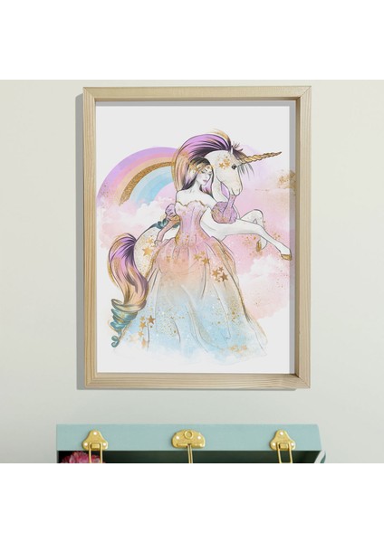 Doğal Çam Çerçeveli Bebek ve Çocuk Odası Duvar Tablosu Kreliçe ve Unicorn