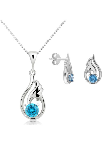 Topaz Melek Kanadı 0.04 Carat Pırlanta Gümüş Kolye Küpe Seti EI09