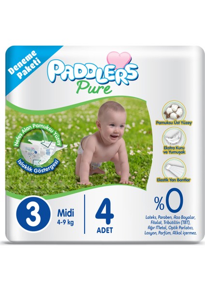 Pure Bebek Bezi 3 Numara Midi 4 Adet ( 4-9 Kg) Deneme Paketi