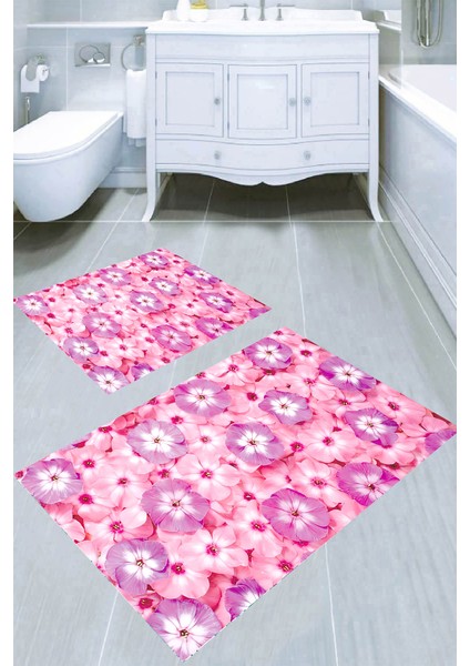 Pembe Manolya Çiçeği Desenli 2'li Banyo Paspası (50X60 cm - 60X100 Cm)