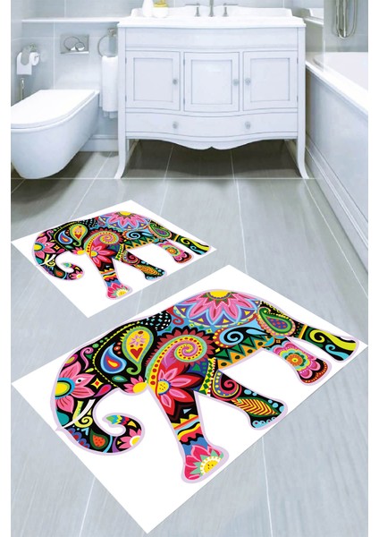 Rengarenk Fil Desenli 2li Banyo Paspası (50X60 cm - 60X100 Cm)